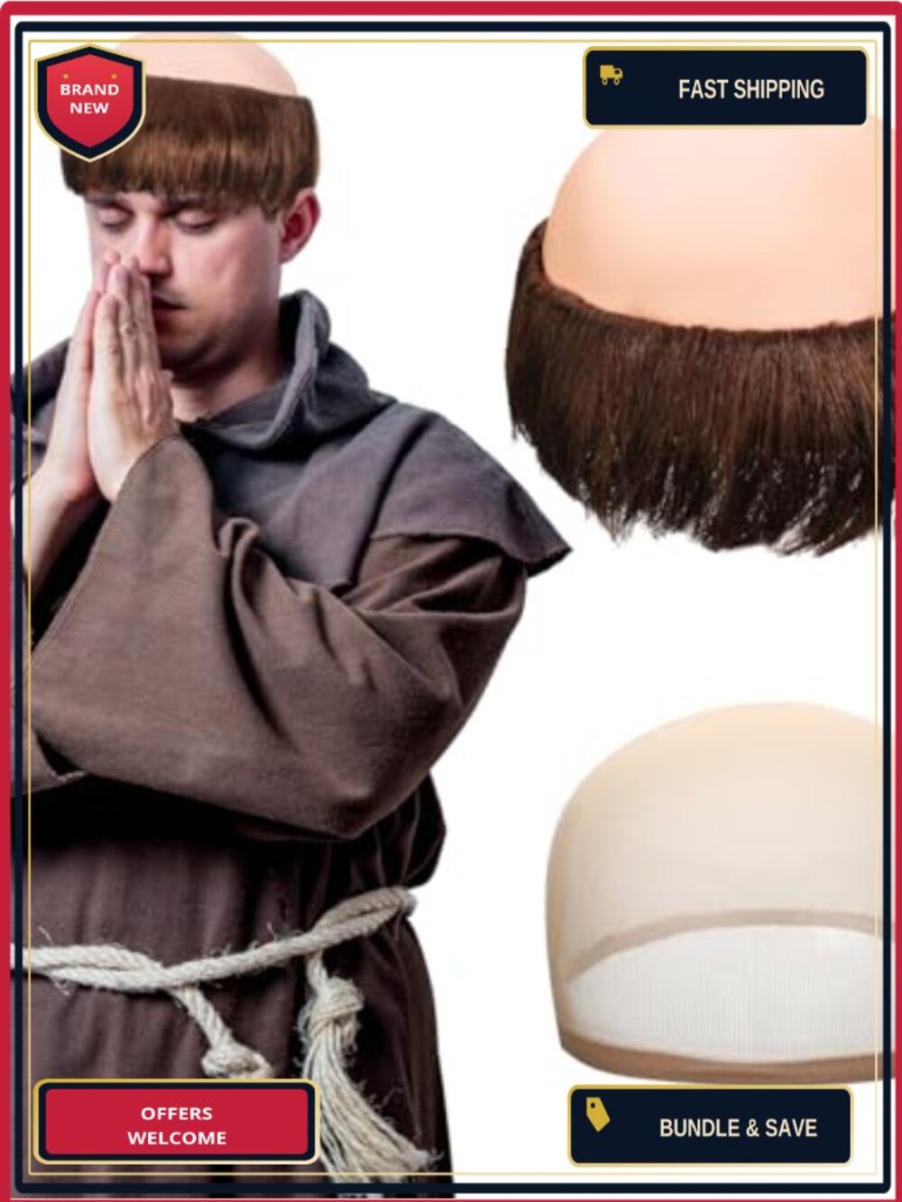 2 Pack Monk Bald Wig Set Adult Men Cosplay Costume Hair Net